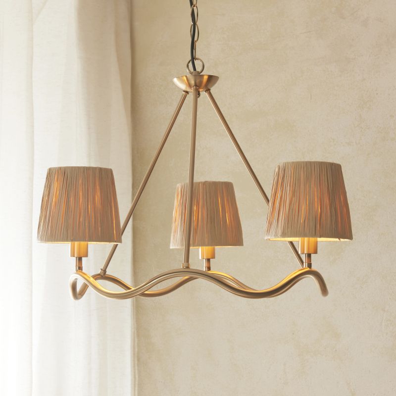 Endon-114213 - Wriggle - Brushed Aged Brass 3 Light Centre Fitting with Natural Raffia Tapered Shades