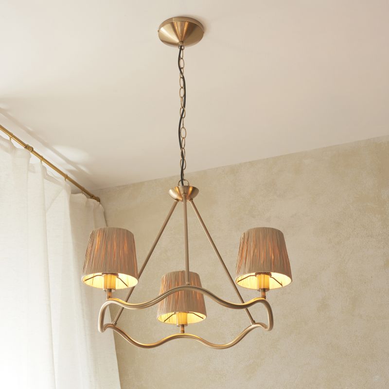 Endon-114213 - Wriggle - Brushed Aged Brass 3 Light Centre Fitting with Natural Raffia Tapered Shades