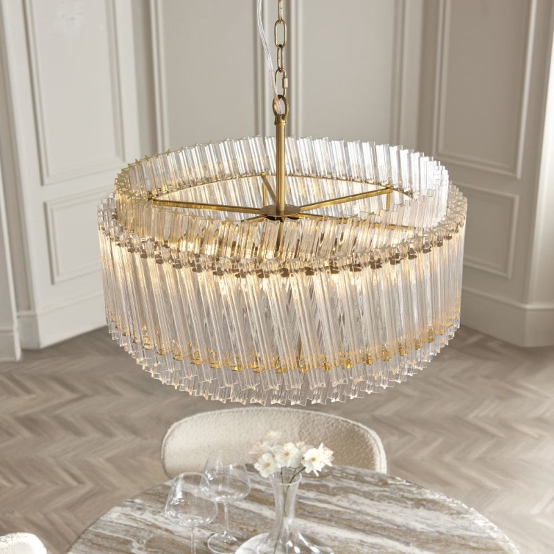 Ceiling Lights - Louise - Brushed Aged Brass 5 Light Pendant with Clear Ribbed Glass Rods Ambience-114215 - Louise - Brushed Aged Brass 5 Light Pendant with Clear Ribbed Glass Rods