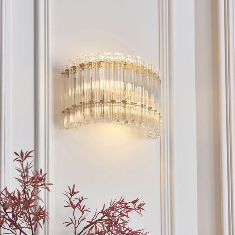- Louise - Brushed Aged Brass 2 Light Wall Lamp with Clear Ribbed Glass Rods Ambience-114217 - Louise - Brushed Aged Brass 2 Light Wall Lamp with Clear Ribbed Glass Rods