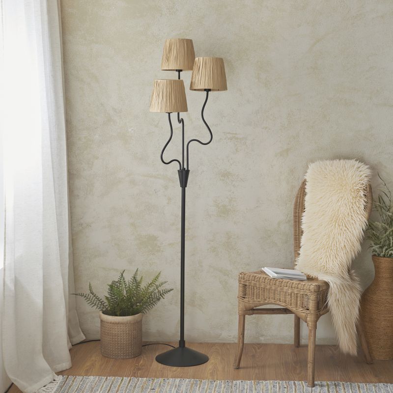 Endon-114221 - Wriggle - Black 3 Light Floor Lamp with Natural Raffia Tapered Shades