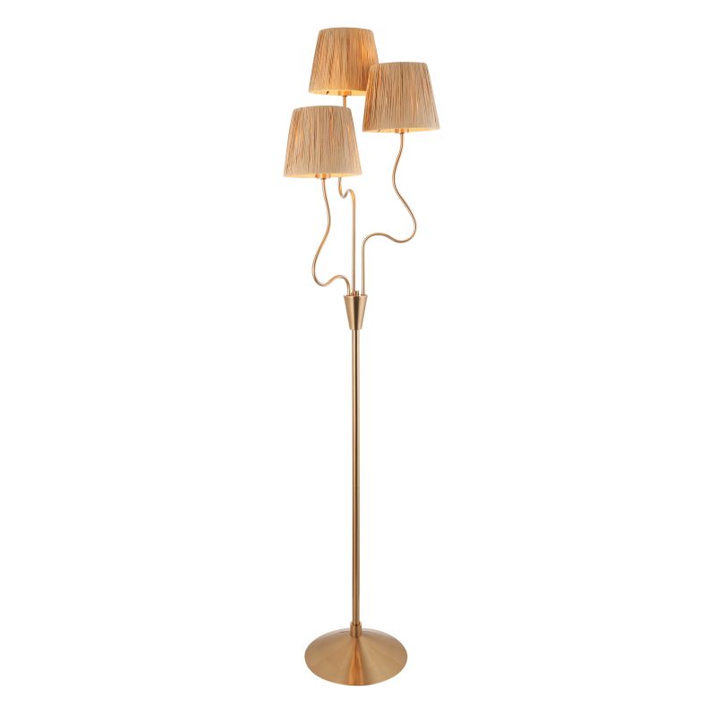 Endon-114222 - Wriggle - Brushed Aged Brass 3 Light Floor Lamp with Natural Raffia Tapered Shades