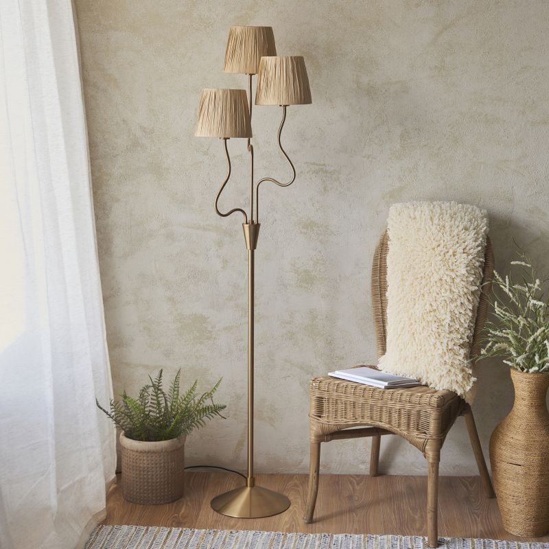 Endon-114222 - Wriggle - Brushed Aged Brass 3 Light Floor Lamp with Natural Raffia Tapered Shades