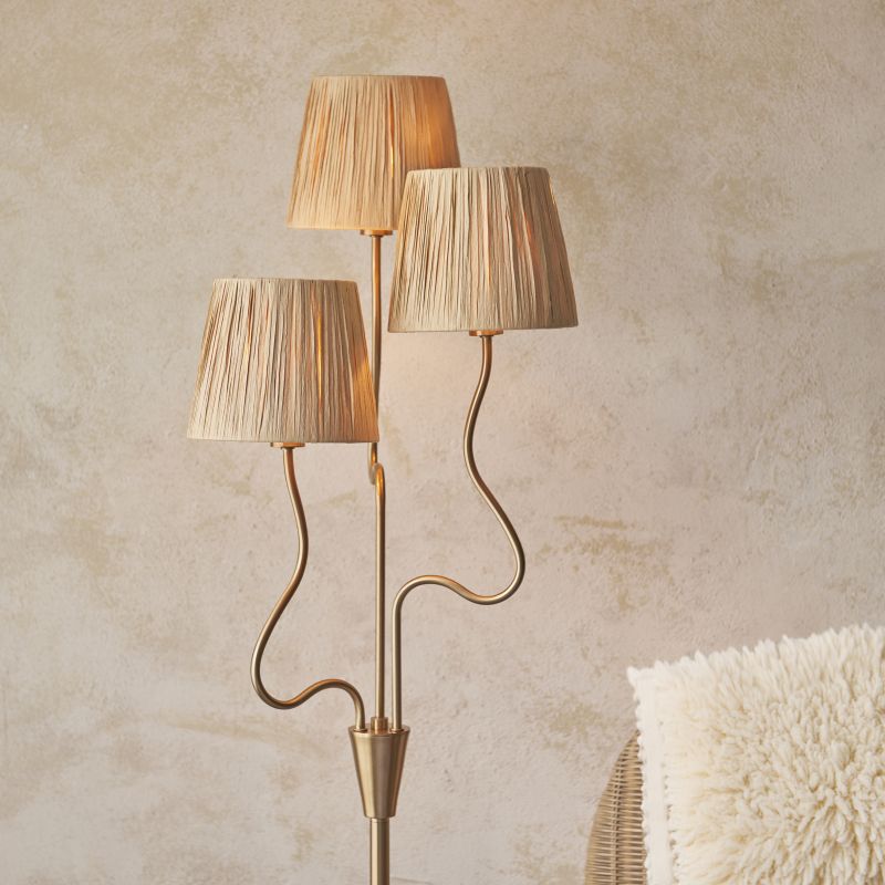 Endon-114222 - Wriggle - Brushed Aged Brass 3 Light Floor Lamp with Natural Raffia Tapered Shades