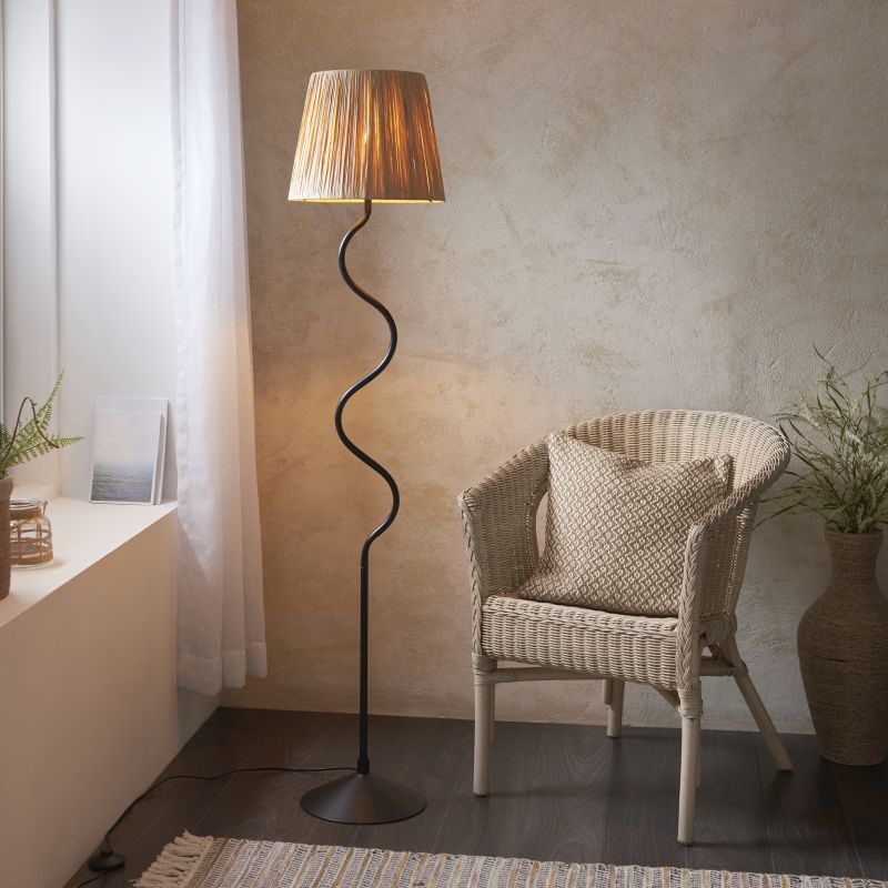 Endon-114223 - Wriggle - Black Floor Lamp with Natural Raffia Tapered Shade