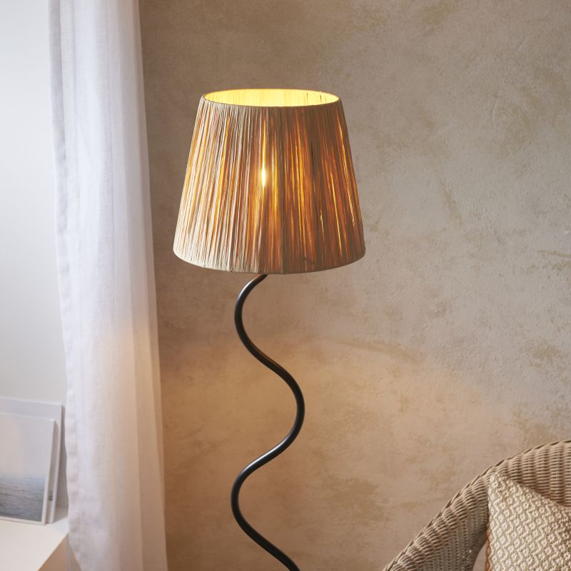 Endon-114223 - Wriggle - Black Floor Lamp with Natural Raffia Tapered Shade