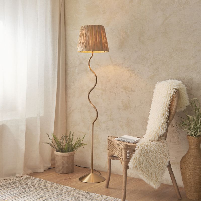 Endon-114224 - Wriggle - Brushed Aged Brass Floor Lamp with Natural Raffia Tapered Shade