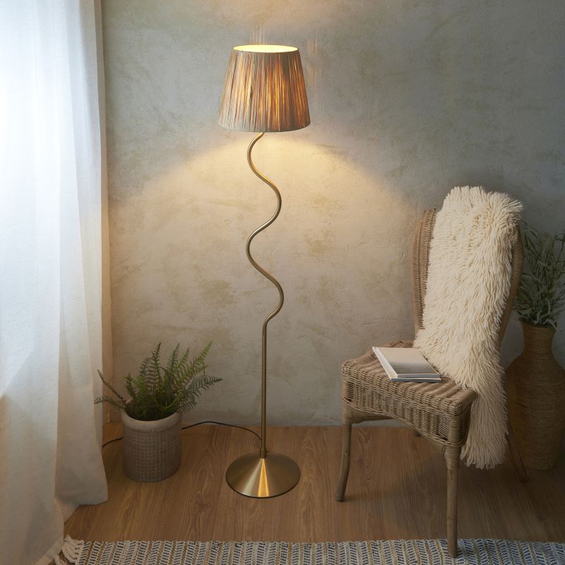 Endon-114224 - Wriggle - Brushed Aged Brass Floor Lamp with Natural Raffia Tapered Shade