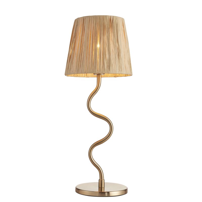 Endon-114225 - Wriggle - Brushed Aged Brass Table Lamp with Natural Raffia Tapered Shade