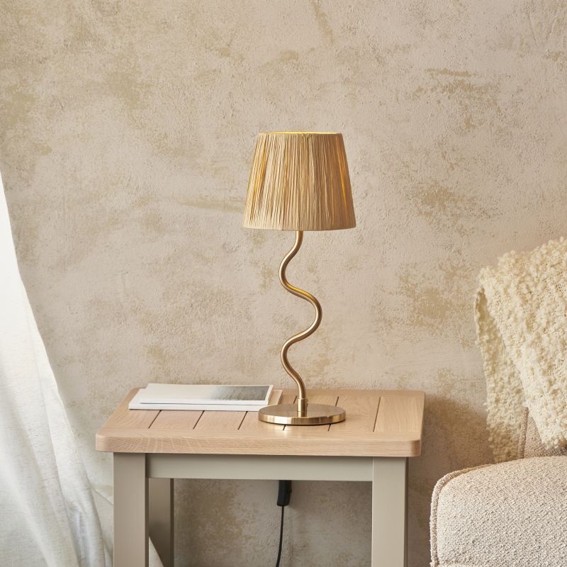 Endon-114225 - Wriggle - Brushed Aged Brass Table Lamp with Natural Raffia Tapered Shade