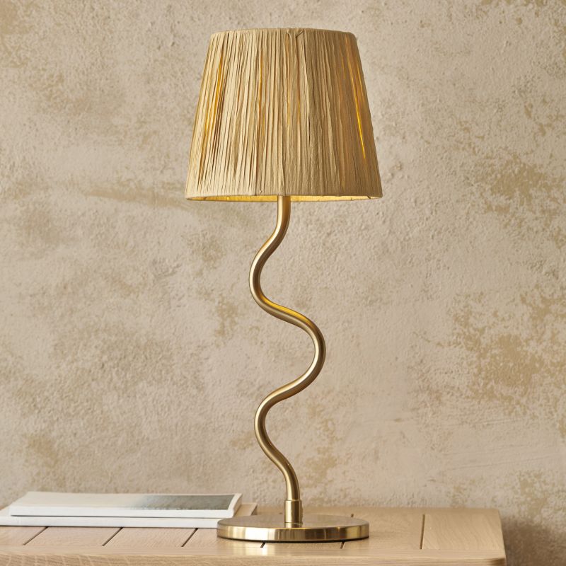 Endon-114225 - Wriggle - Brushed Aged Brass Table Lamp with Natural Raffia Tapered Shade