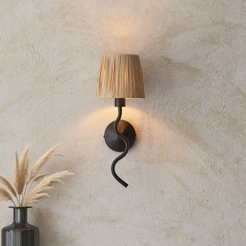 Endon-114226 - Wriggle - Black Wall Lamp with Natural Raffia Tapered Shade