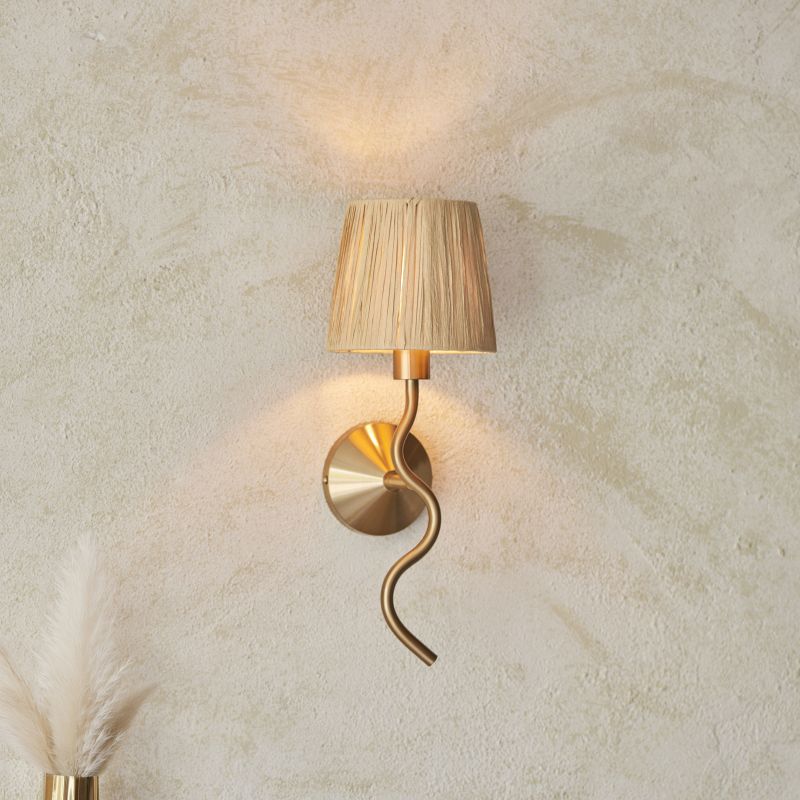 Endon-114227 - Wriggle - Brushed Aged Brass Wall Lamp with Natural Raffia Tapered Shade