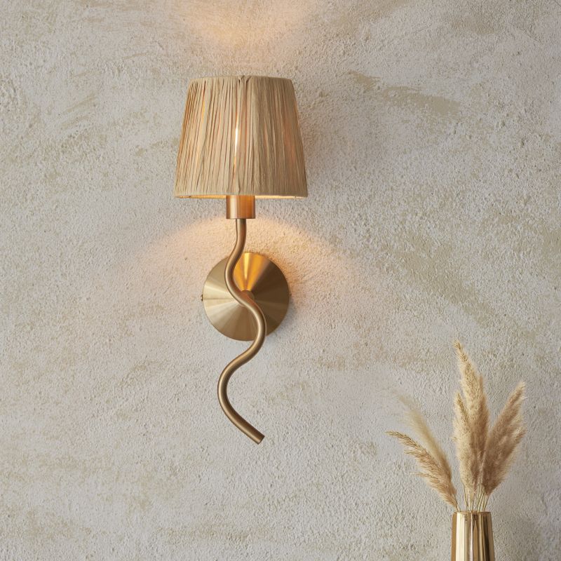 Endon-114227 - Wriggle - Brushed Aged Brass Wall Lamp with Natural Raffia Tapered Shade