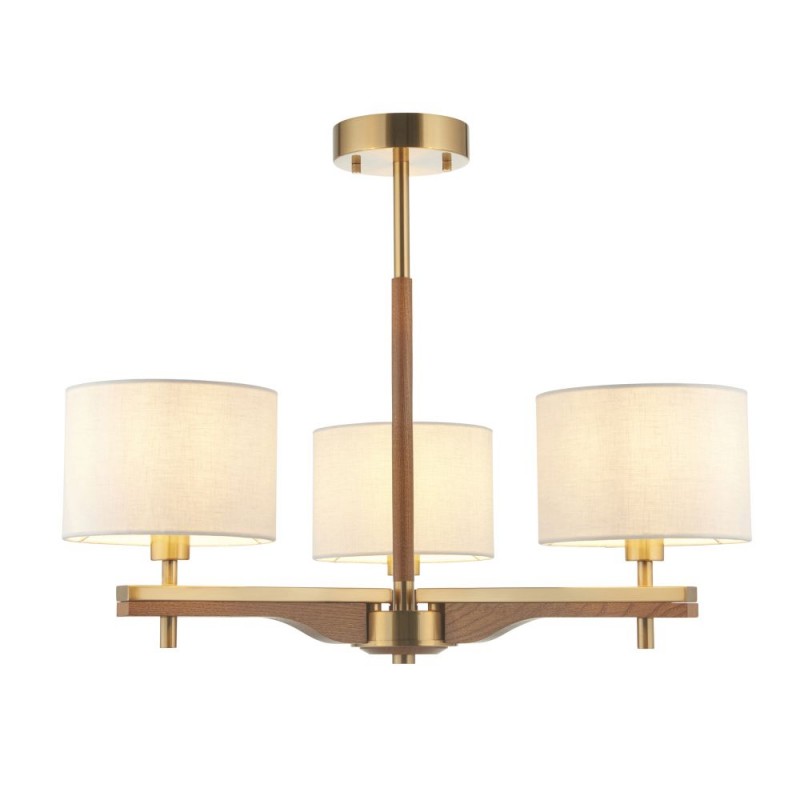 Endon-116993 - Heathcliff - Wooden & Aged Brass 3 Light Semi Flush with Natural Linen Shades