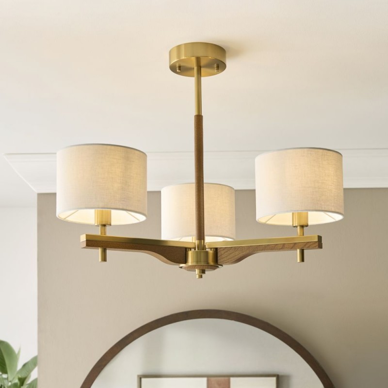 Endon-116993 - Heathcliff - Wooden & Aged Brass 3 Light Semi Flush with Natural Linen Shades