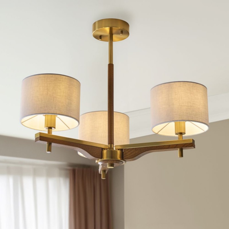 Endon-116993 - Heathcliff - Wooden & Aged Brass 3 Light Semi Flush with Natural Linen Shades
