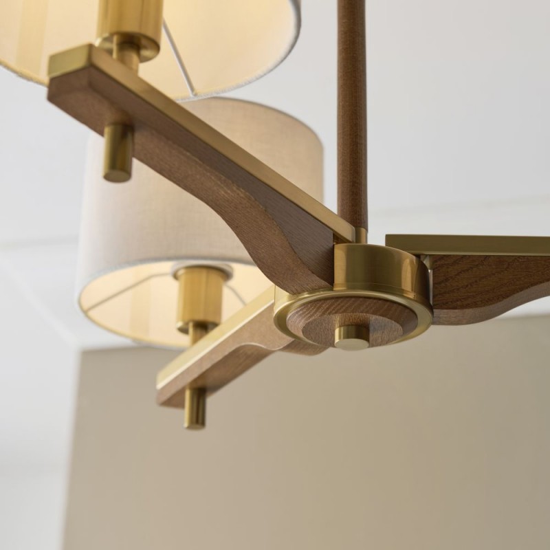 Endon-116993 - Heathcliff - Wooden & Aged Brass 3 Light Semi Flush with Natural Linen Shades