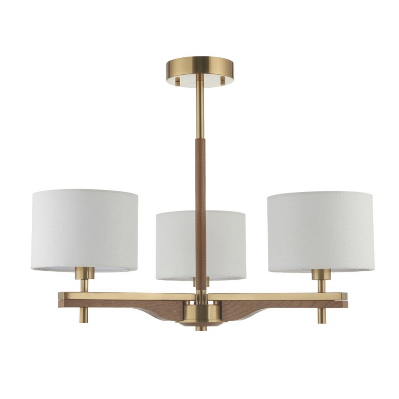 Endon-116993 - Heathcliff - Wooden & Aged Brass 3 Light Semi Flush with Natural Linen Shades