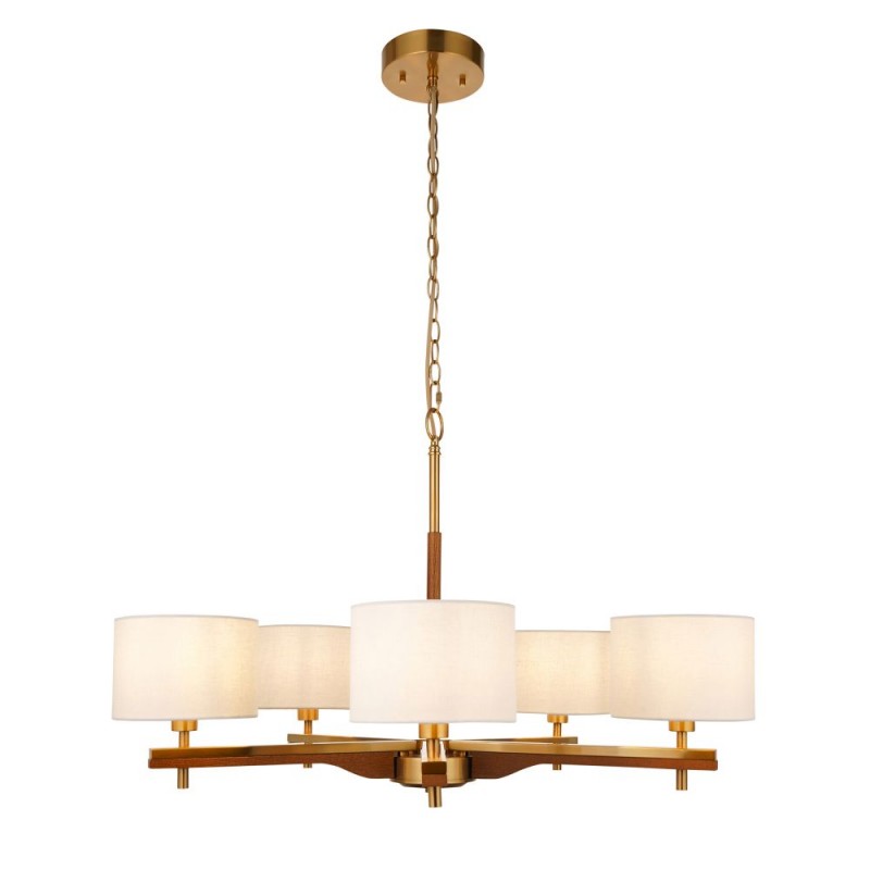 Endon-116994 - Heathcliff - Wooden & Aged Brass 5 Light Centre Fitting with Natural Linen Shades