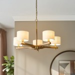 Heathcliff - Wooden & Aged Brass 5 Light Centre Fitting with Natural Linen Shades