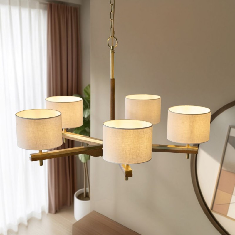 Endon-116994 - Heathcliff - Wooden & Aged Brass 5 Light Centre Fitting with Natural Linen Shades
