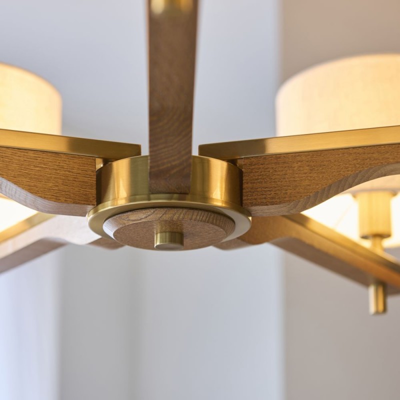 Endon-116994 - Heathcliff - Wooden & Aged Brass 5 Light Centre Fitting with Natural Linen Shades