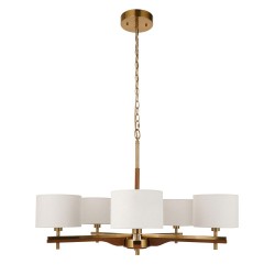 Heathcliff - Wooden & Aged Brass 5 Light Centre Fitting with Natural Linen Shades