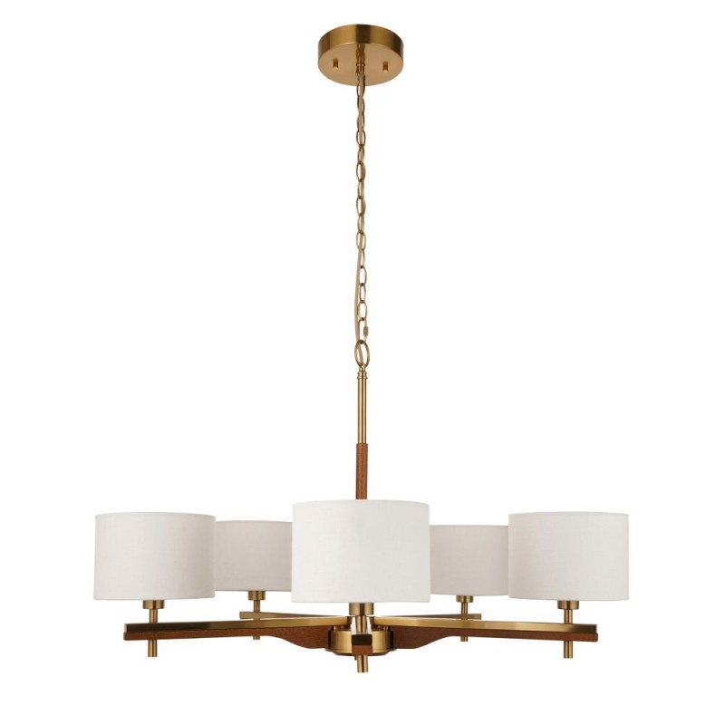 Endon-116994 - Heathcliff - Wooden & Aged Brass 5 Light Centre Fitting with Natural Linen Shades