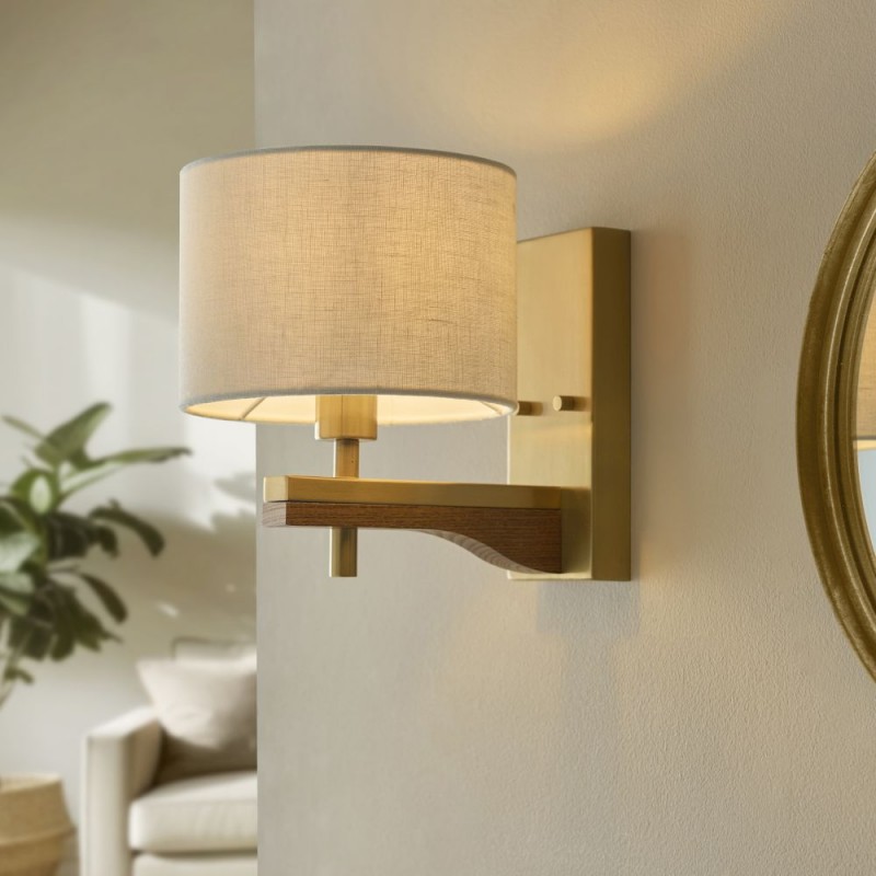 Endon-116995 - Heathcliff - Wooden & Aged Brass Wall Lamp with Natural Linen Shade