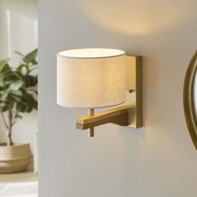 Endon-116995 - Heathcliff - Wooden & Aged Brass Wall Lamp with Natural Linen Shade