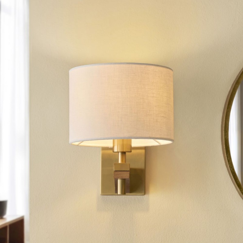 Endon-116995 - Heathcliff - Wooden & Aged Brass Wall Lamp with Natural Linen Shade