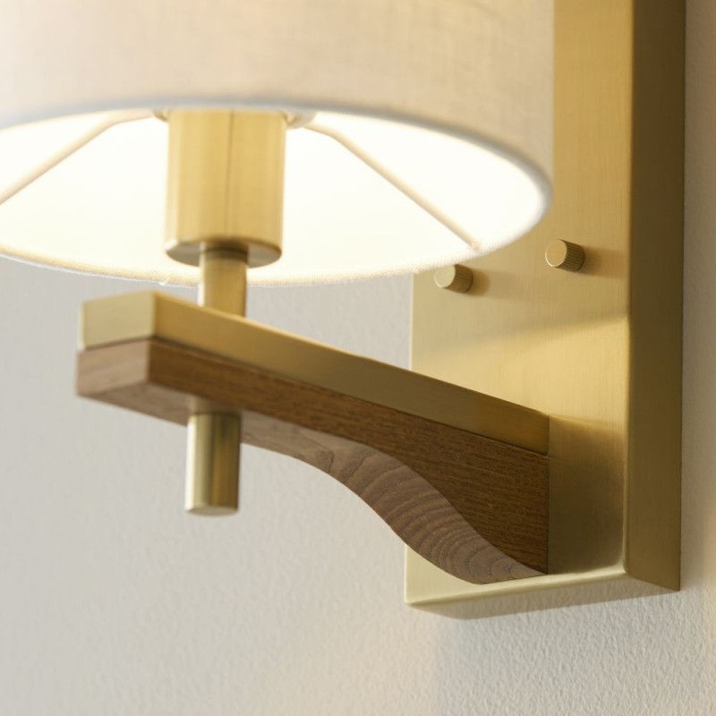 Endon-116995 - Heathcliff - Wooden & Aged Brass Wall Lamp with Natural Linen Shade