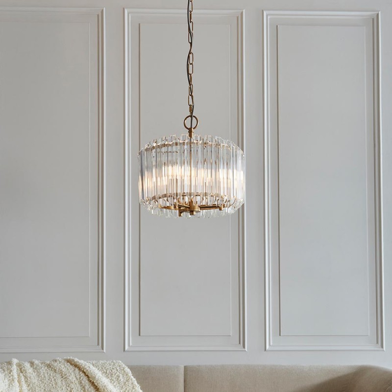 - Valentina - Brushed Aged Brass 3 Light Pendant with Clear Glass Rods Endon-117514 - Valentina - Brushed Aged Brass 3 Light Pendant with Clear Glass Rods