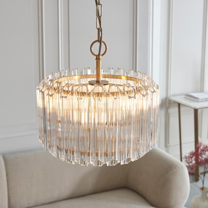 - Valentina - Brushed Aged Brass 3 Light Pendant with Clear Glass Rods Endon-117514 - Valentina - Brushed Aged Brass 3 Light Pendant with Clear Glass Rods
