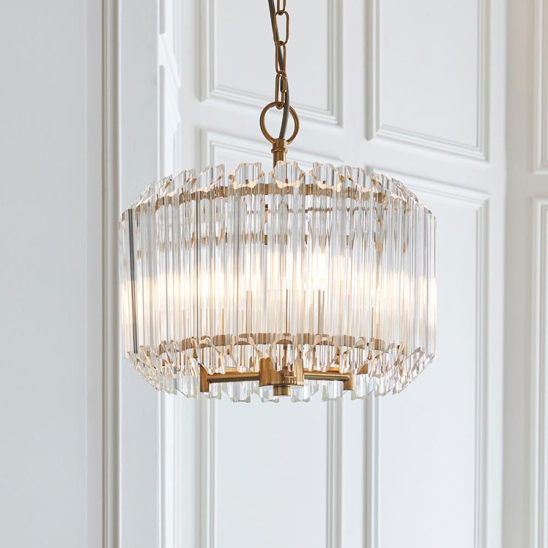 - Valentina - Brushed Aged Brass 3 Light Pendant with Clear Glass Rods Endon-117514 - Valentina - Brushed Aged Brass 3 Light Pendant with Clear Glass Rods