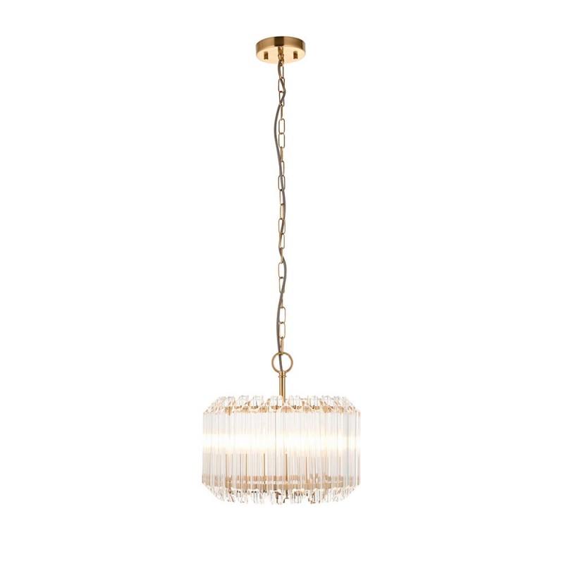 - Valentina - Brushed Aged Brass 3 Light Pendant with Clear Glass Rods Endon-117514 - Valentina - Brushed Aged Brass 3 Light Pendant with Clear Glass Rods