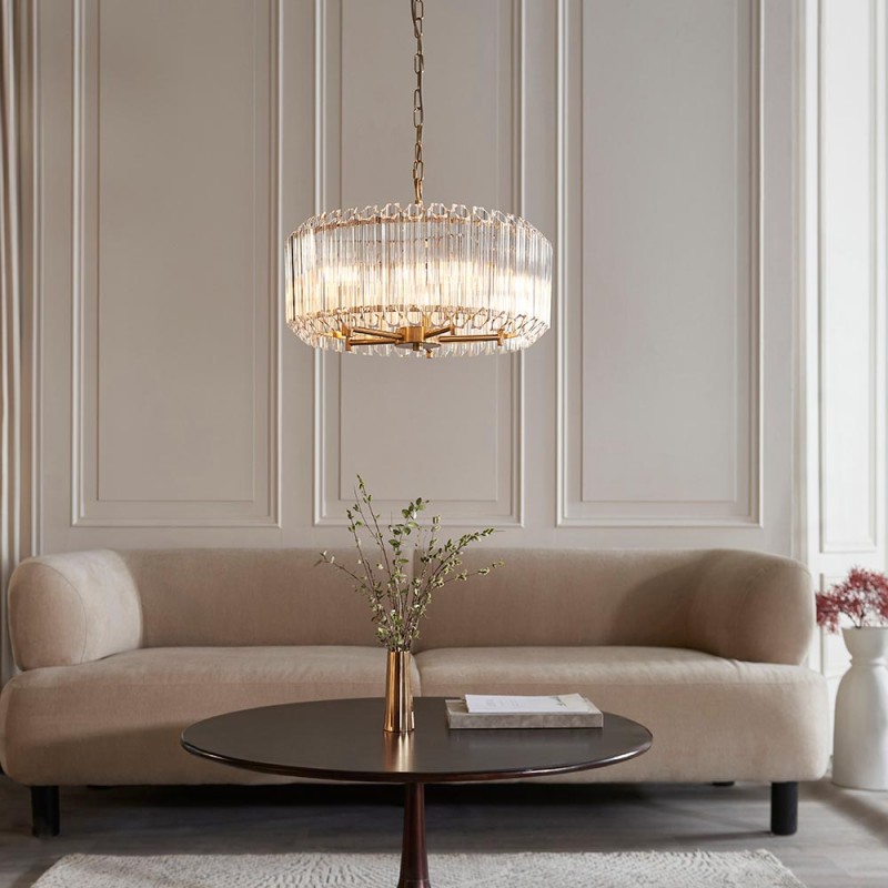 Ceiling Lights - Valentina - Brushed Aged Brass 5 Light Pendant with Clear Glass Rods Endon-117515 - Valentina - Brushed Aged Brass 5 Light Pendant with Clear Glass Rods