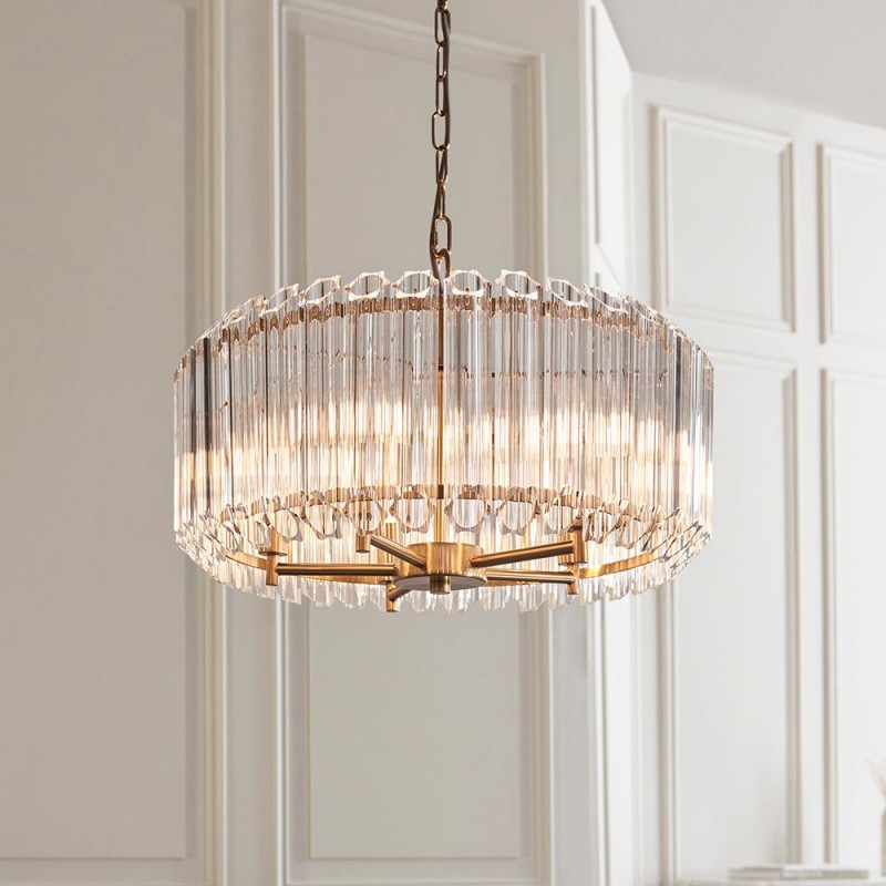 Ceiling Lights - Valentina - Brushed Aged Brass 5 Light Pendant with Clear Glass Rods Endon-117515 - Valentina - Brushed Aged Brass 5 Light Pendant with Clear Glass Rods
