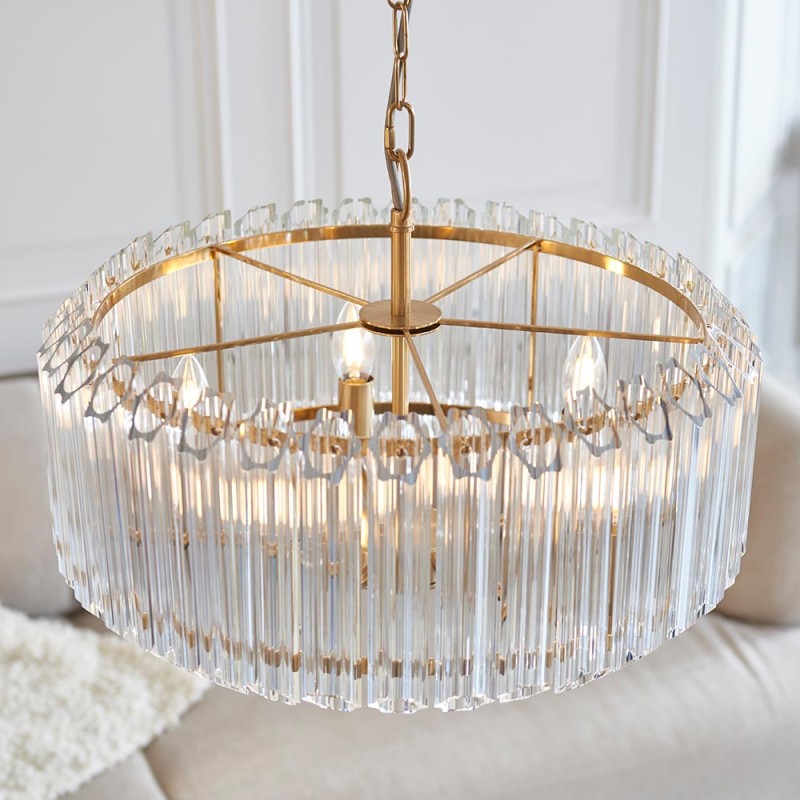 Ceiling Lights - Valentina - Brushed Aged Brass 5 Light Pendant with Clear Glass Rods Endon-117515 - Valentina - Brushed Aged Brass 5 Light Pendant with Clear Glass Rods