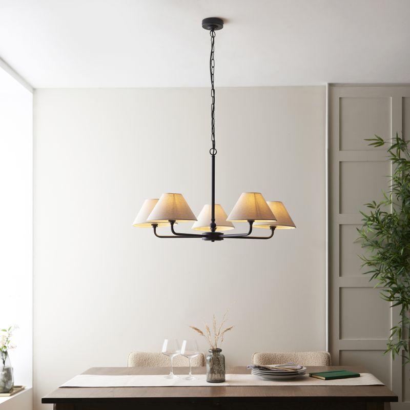 - Lille - Matt Black 5 Light Centre Lamp with Natural Linen Shade Endon-117832 - Lille - Matt Black 5 Light Centre Lamp with Natural Linen Shade