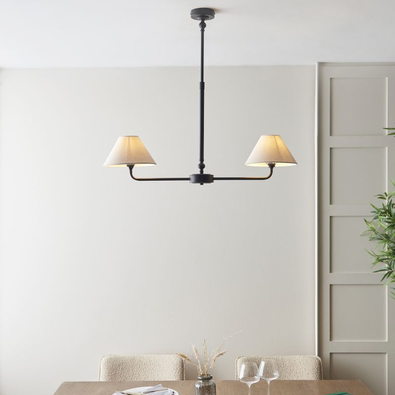 - Lille - Matt Black 2 Light over Island Fitting with Natural Linen Shade Endon-117834 - Lille - Matt Black 2 Light over Island Fitting with Natural Linen Shade