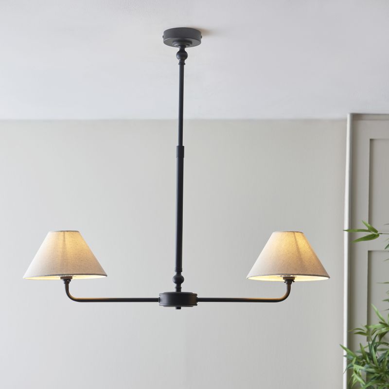 - Lille - Matt Black 2 Light over Island Fitting with Natural Linen Shade Endon-117834 - Lille - Matt Black 2 Light over Island Fitting with Natural Linen Shade