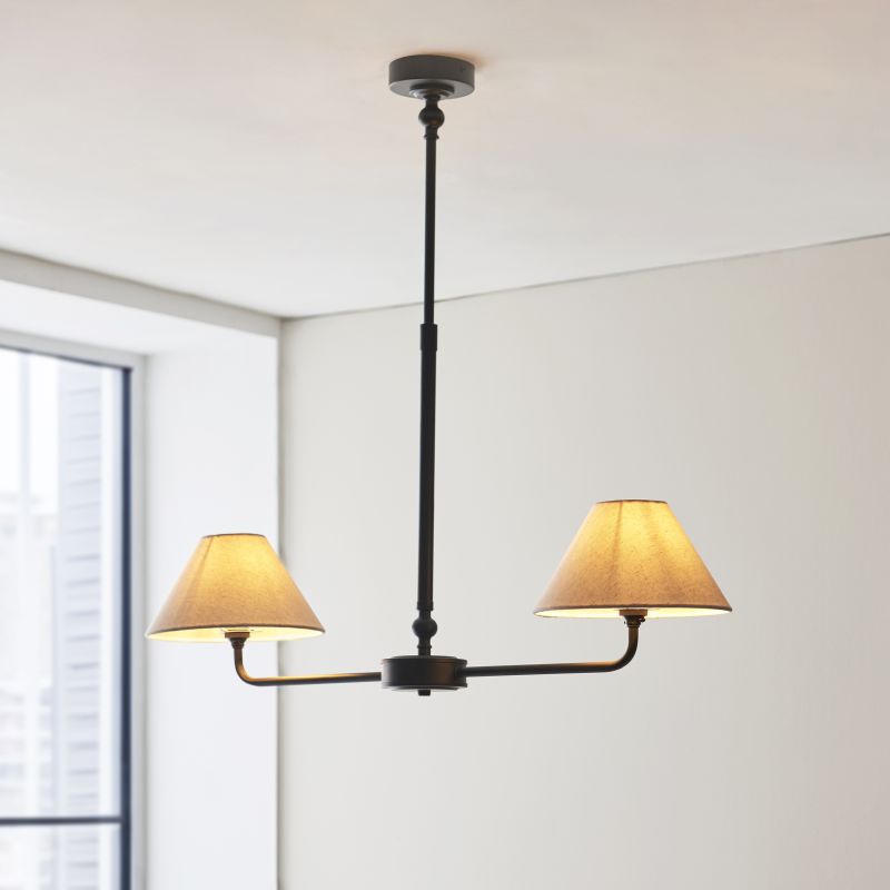 - Lille - Matt Black 2 Light over Island Fitting with Natural Linen Shade Endon-117834 - Lille - Matt Black 2 Light over Island Fitting with Natural Linen Shade