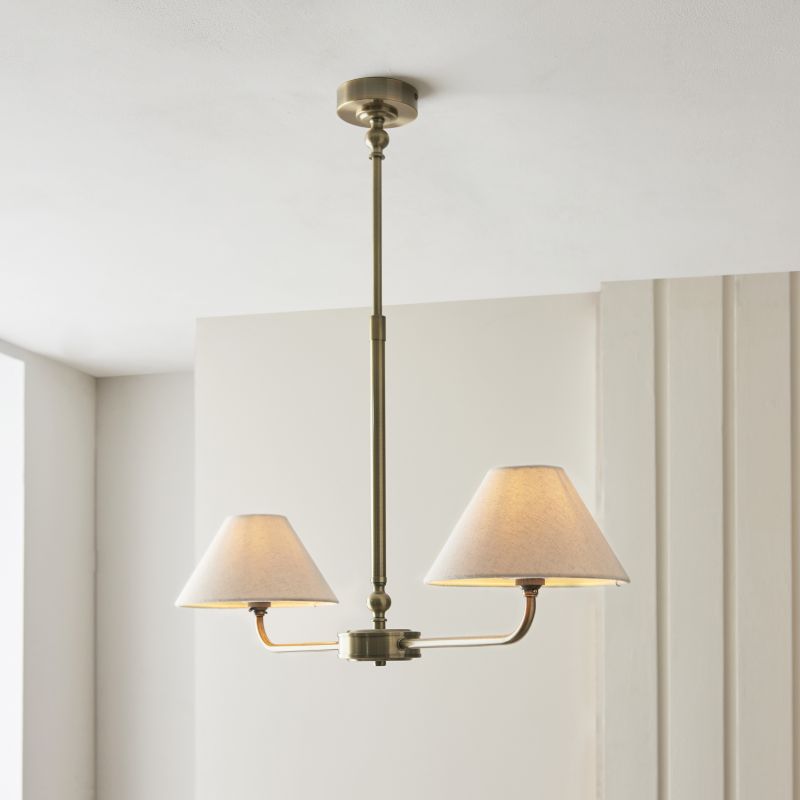 - Lille - Antique Brass 2 Light over Island Fitting with Natural Linen Shade Endon-117835 - Lille - Antique Brass 2 Light over Island Fitting with Natural Linen Shade