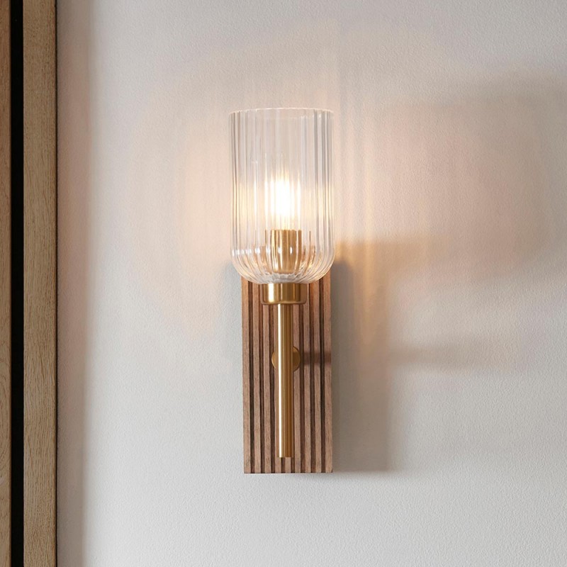 - Grove - Wooden & Vintage Brass Wall Lamp with Clear Ribbed Glass Endon-118365 - Grove - Wooden & Vintage Brass Wall Lamp with Clear Ribbed Glass