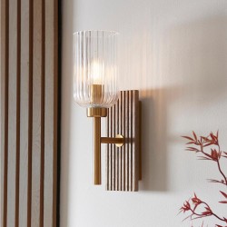 Grove - Wooden & Vintage Brass Wall Lamp with Clear Ribbed Glass