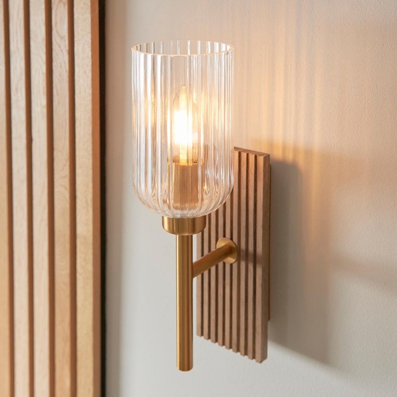- Grove - Wooden & Vintage Brass Wall Lamp with Clear Ribbed Glass Endon-118365 - Grove - Wooden & Vintage Brass Wall Lamp with Clear Ribbed Glass