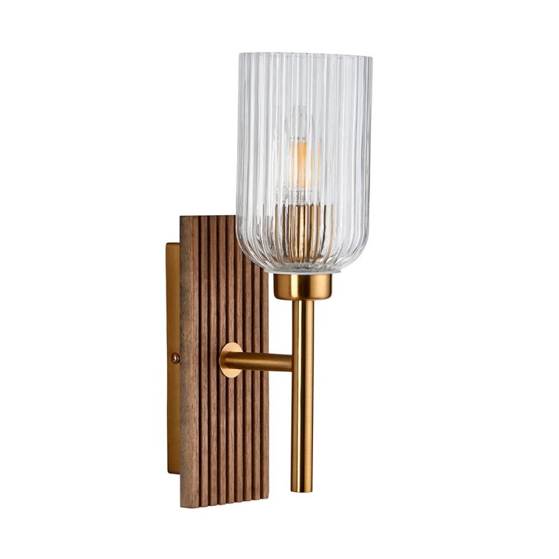 - Grove - Wooden & Vintage Brass Wall Lamp with Clear Ribbed Glass Endon-118365 - Grove - Wooden & Vintage Brass Wall Lamp with Clear Ribbed Glass