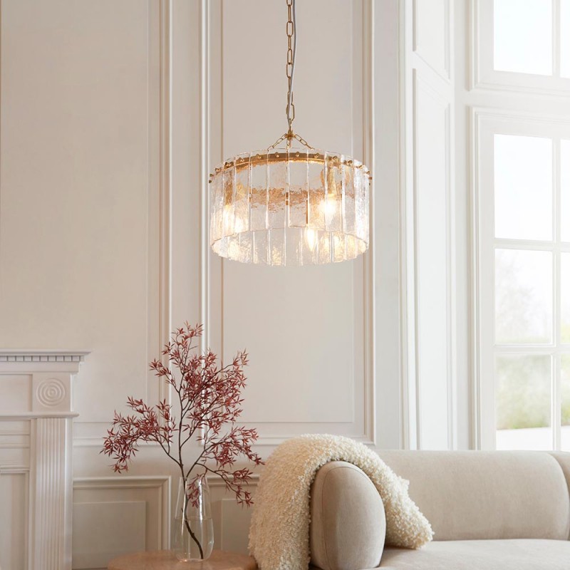 - Karine - Brushed Aged Brass 3 Light Pendant with Clear Textured Glass Panels Endon-118467 - Karine - Brushed Aged Brass 3 Light Pendant with Clear Textured Glass Panels